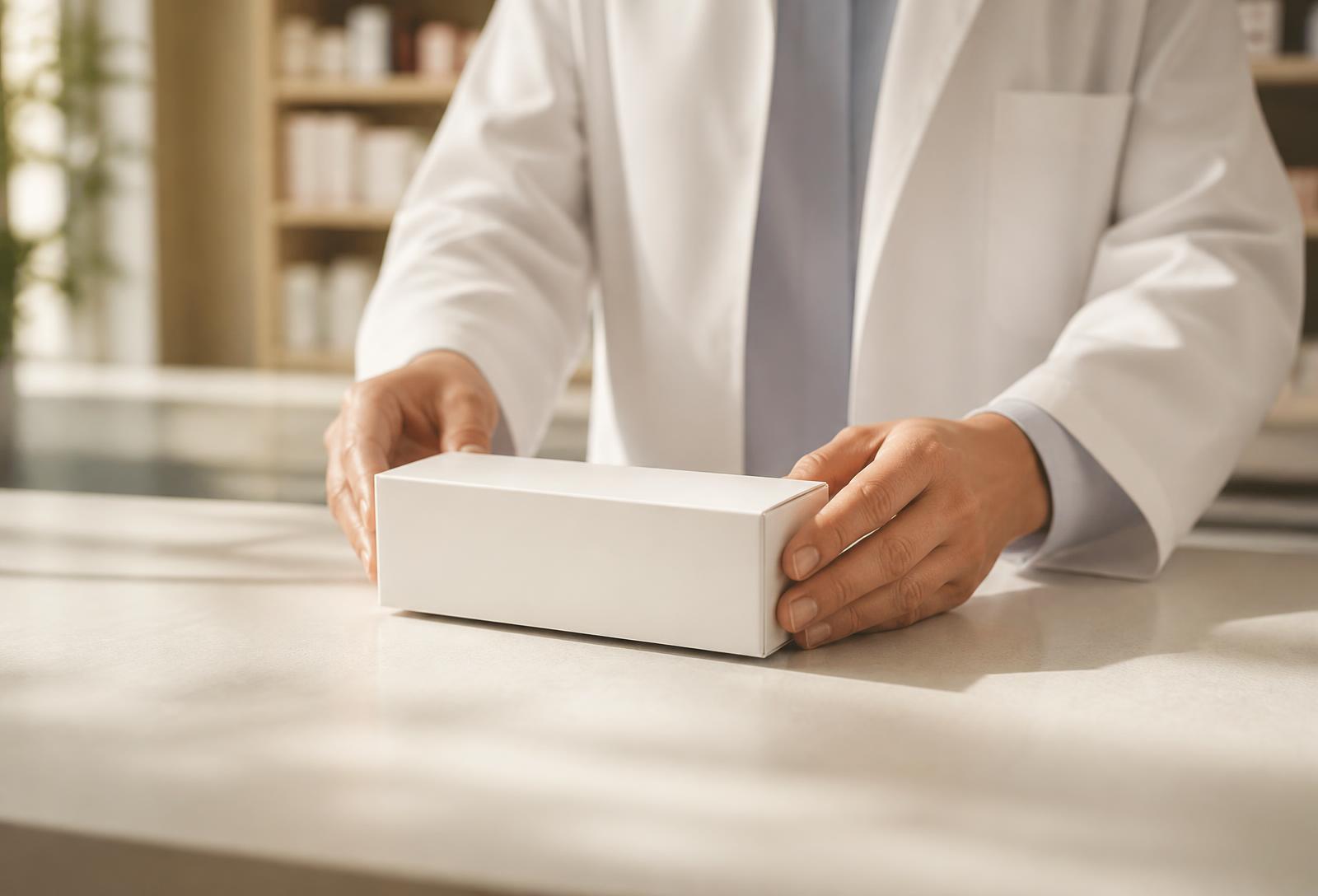 Arzneimittel wird in der Apotheke über den Beratungstresen übergeben